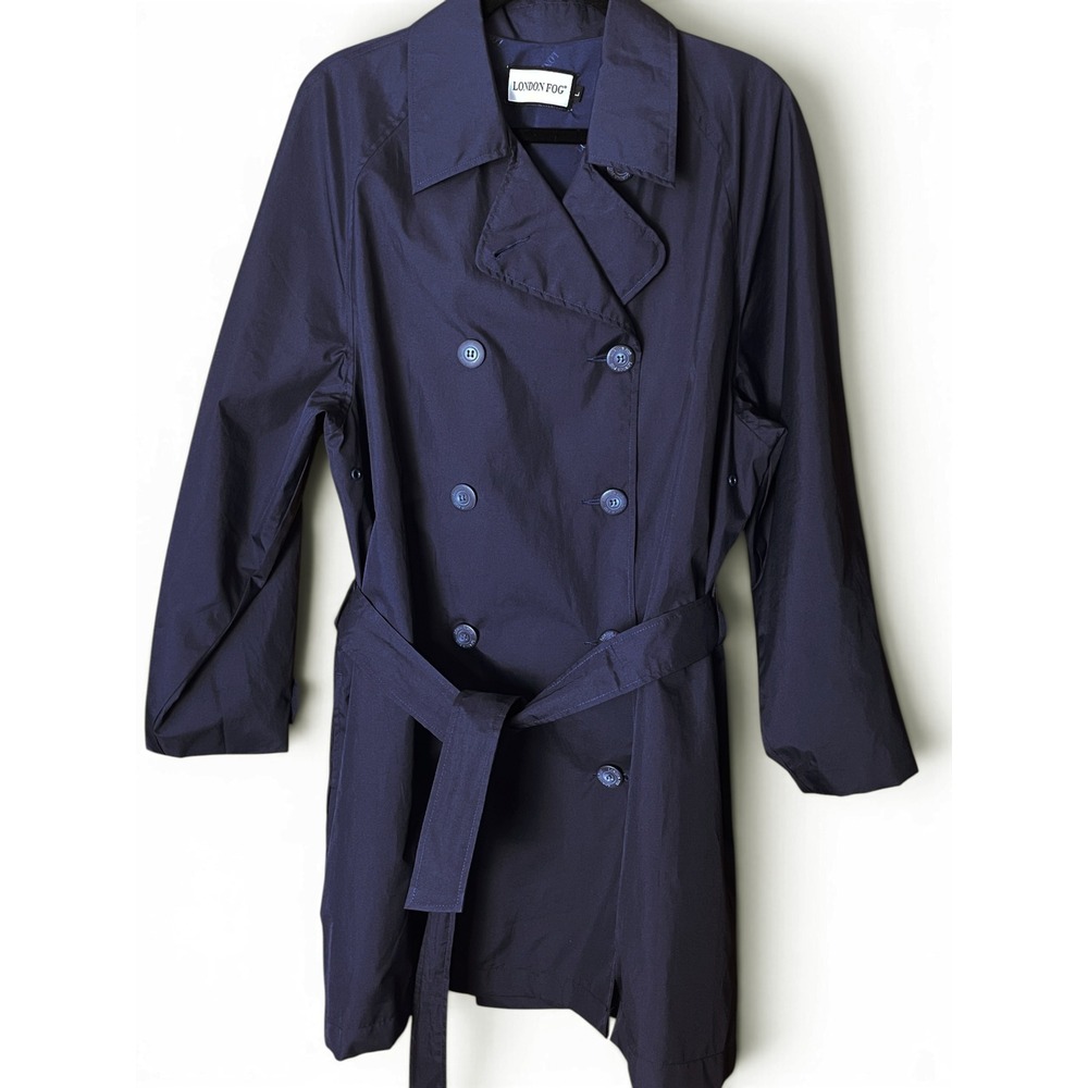 London Fog Navy Blue Double Breasted Trench Coat Size L Capsule Wardrobe Staple
